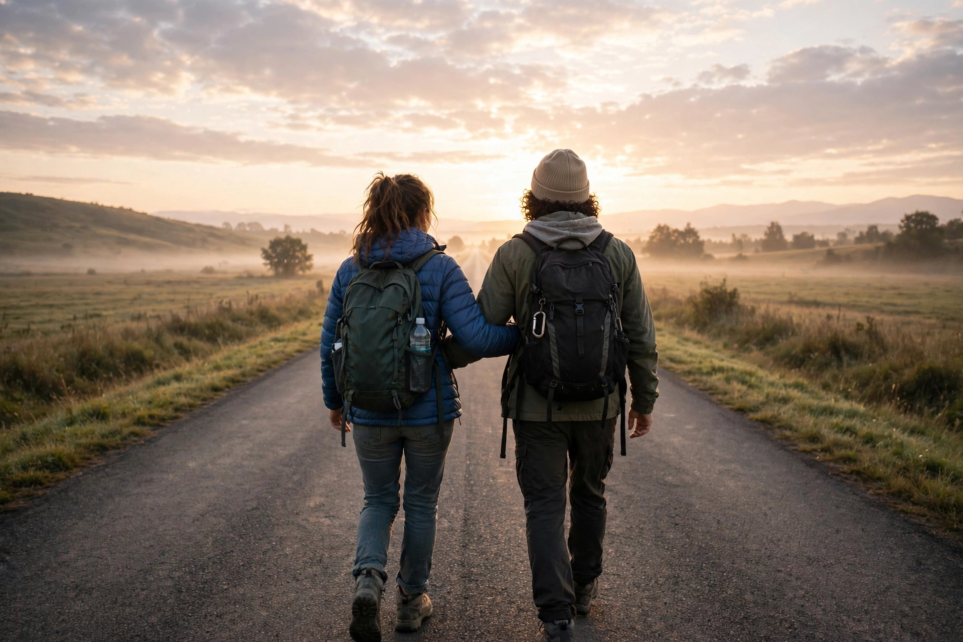Two best friends walking together down a road at sunrise — best friend quotes about friendship and adventure