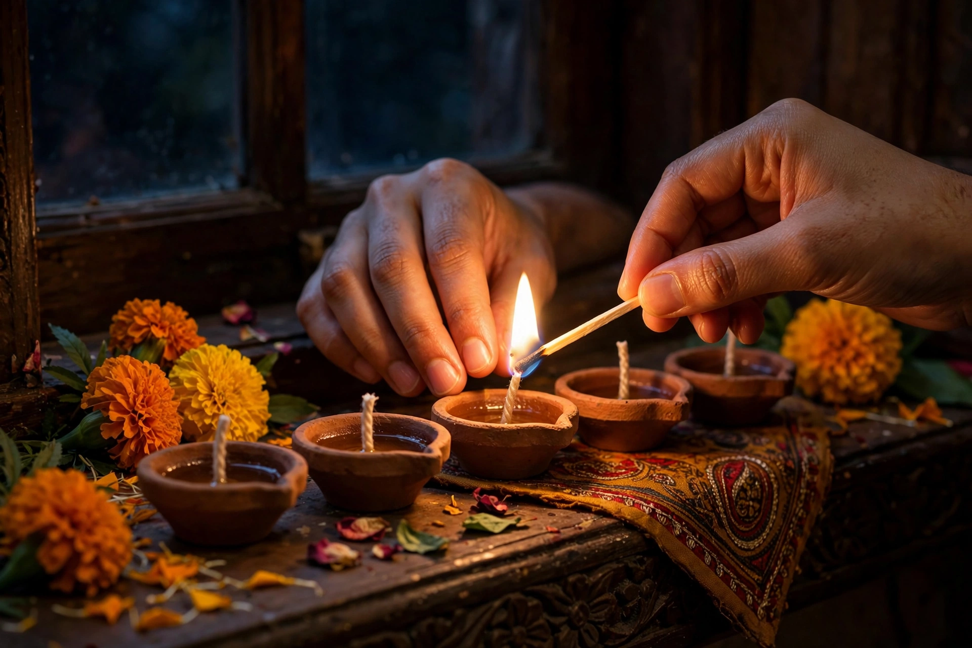 diwali quotes — hands lighting diyas for Diwali wishes