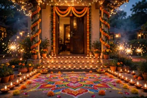 diwali quotes — home decorated with diyas and marigolds for the festival of lights