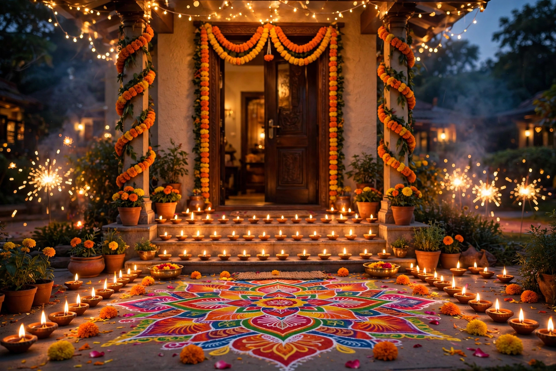 diwali quotes — home decorated with diyas and marigolds for the festival of lights