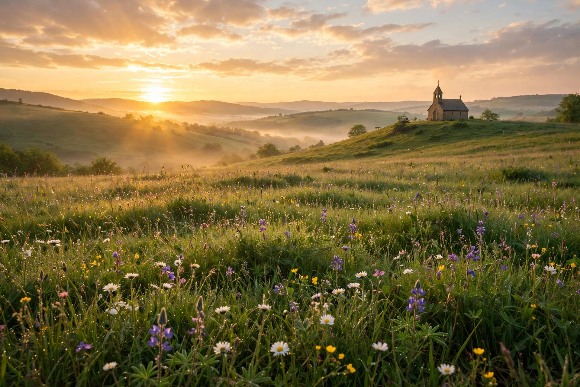 Sunrise over meadow with church — easter quotes