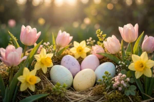 Pastel Easter eggs among tulips — easter quotes