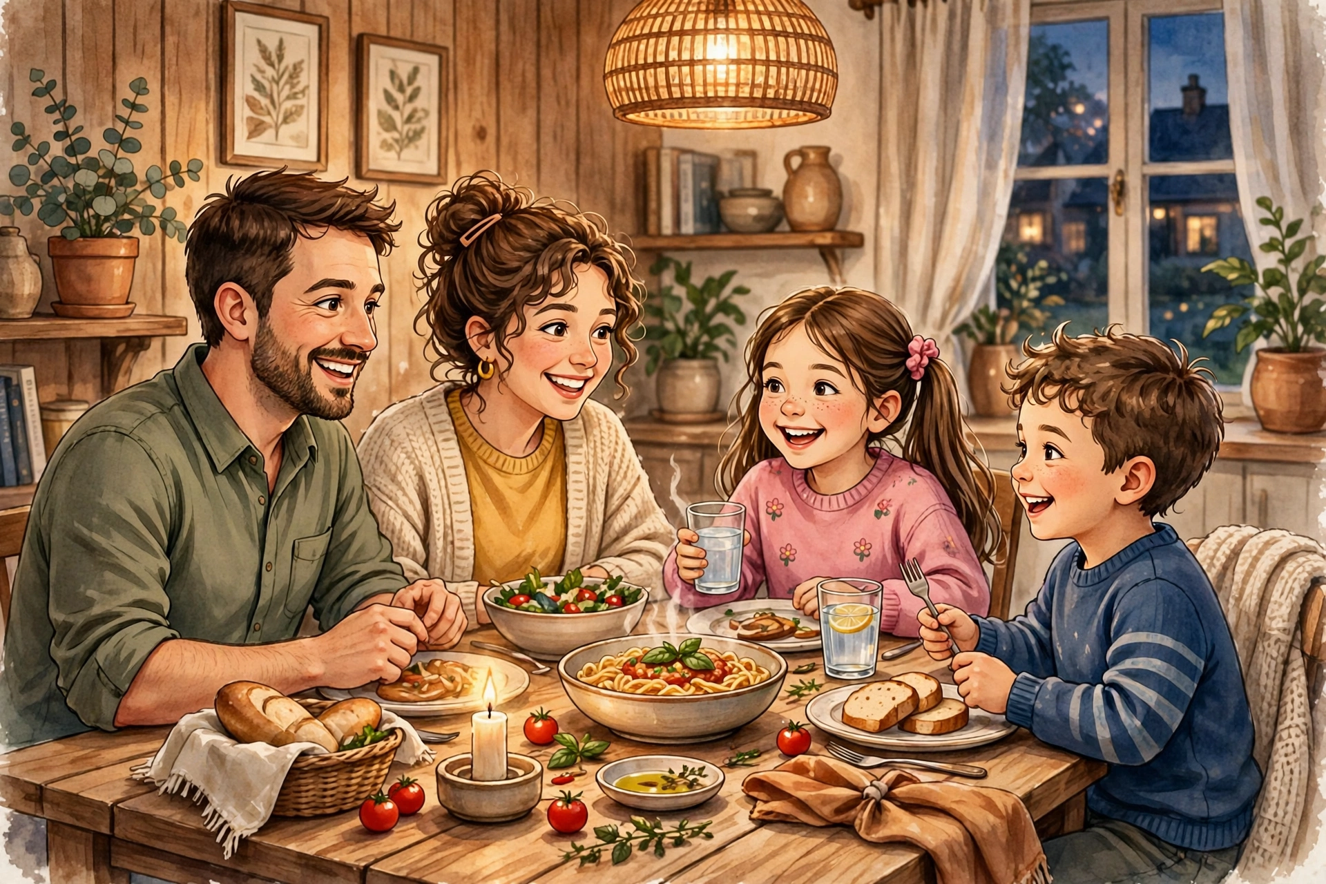 family quotes: A family of four sharing dinner together at a wooden table in warm light