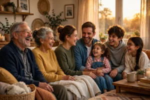 family quotes: Three generations of a family laughing together on a sofa in a warm living room