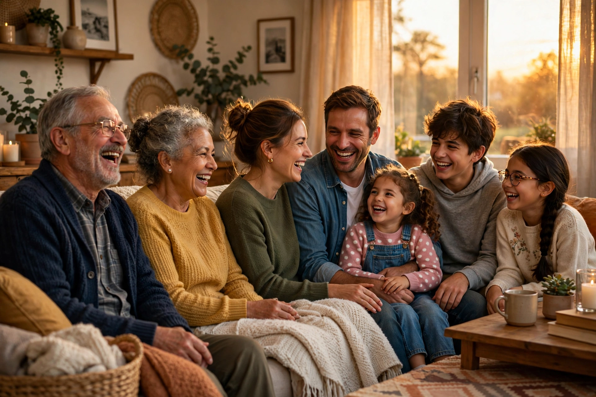 family quotes: Three generations of a family laughing together on a sofa in a warm living room