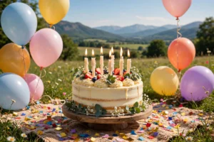 Funny birthday quotes with a cake and balloons