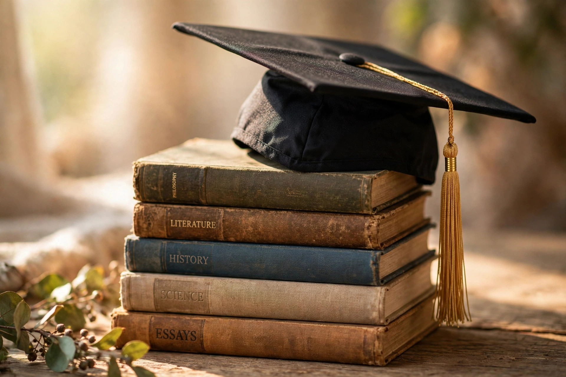 Graduation cap resting on books — graduation quotes