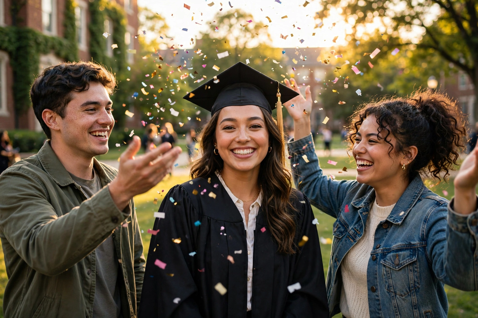 Happy graduate celebrating with friends — graduation quotes
