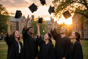 Graduation caps thrown at sunset — graduation quotes