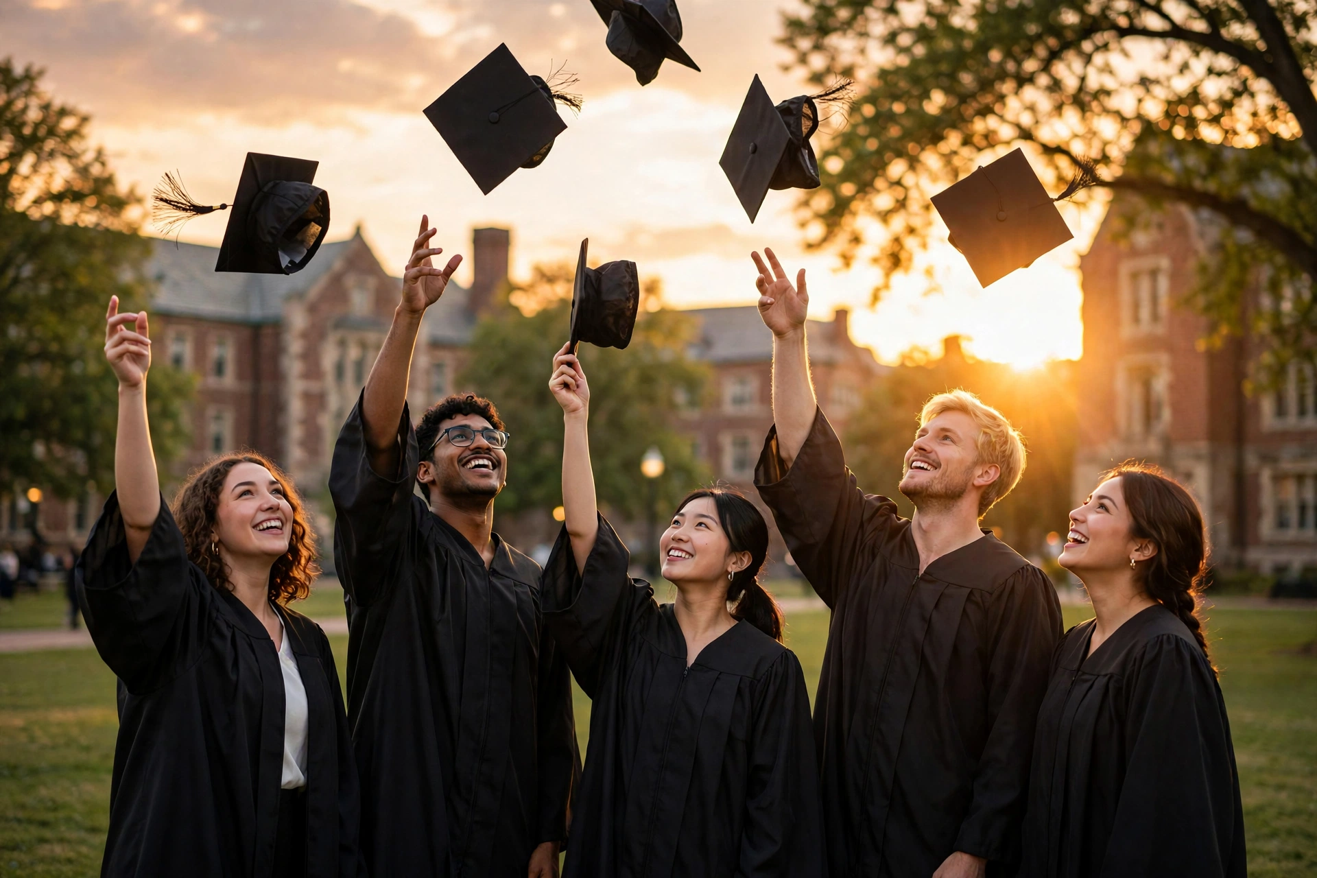 Graduation caps thrown at sunset — graduation quotes