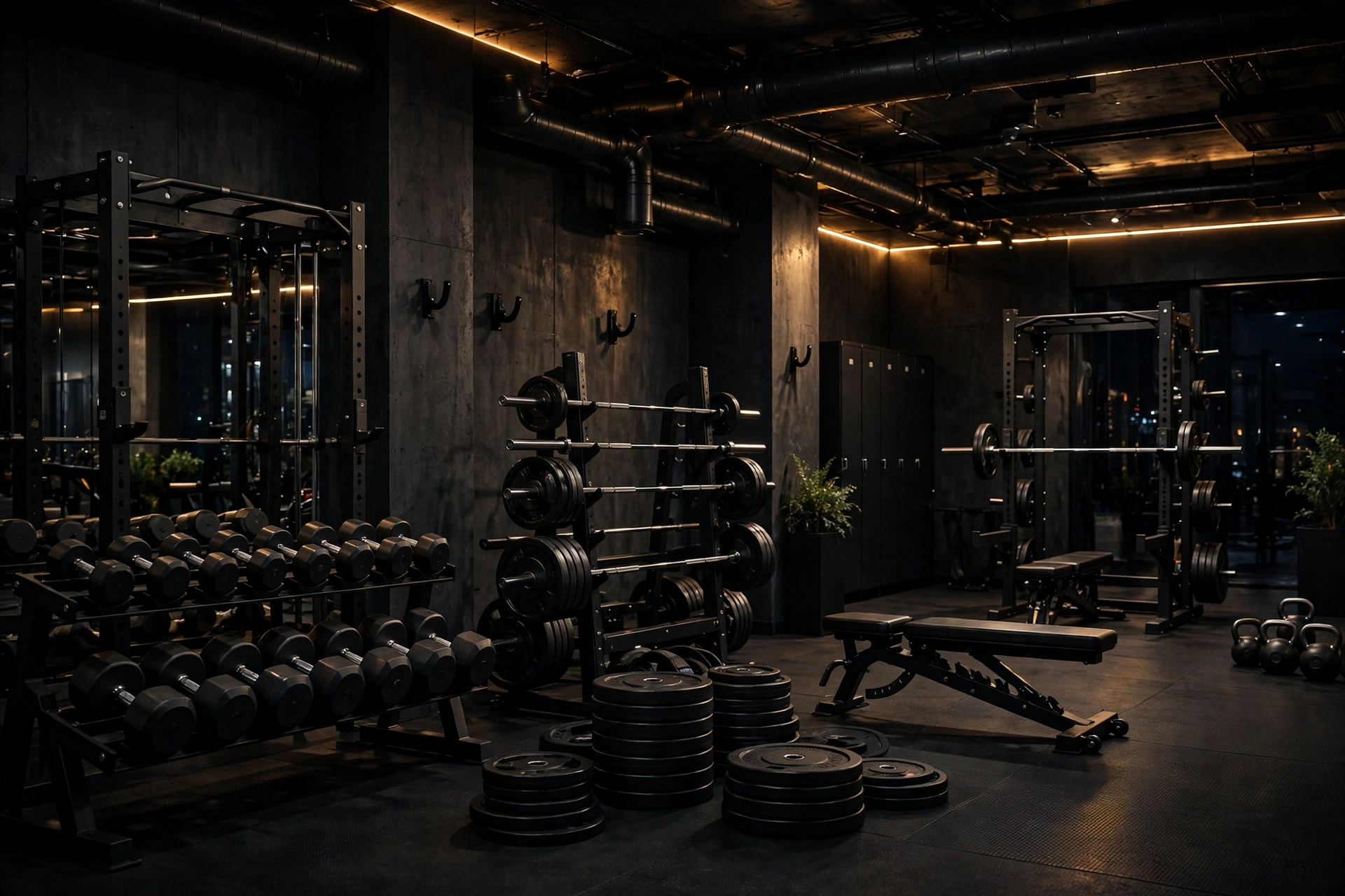 Gym quotes with dumbbells and barbells in a modern gym