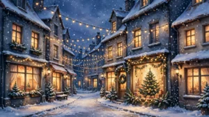 Snowy December street at dusk with warm glowing windows, fairy lights strung overhead and a decorated Christmas tree in a shop window