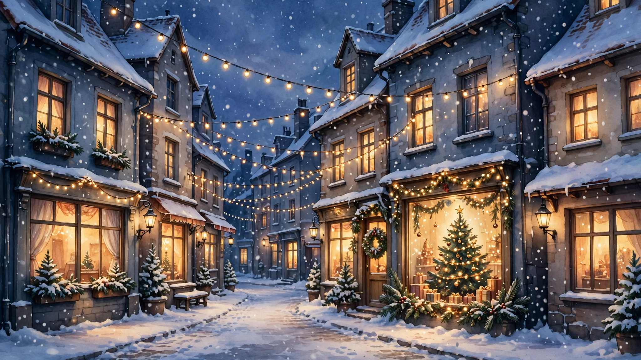 Snowy December street at dusk with warm glowing windows, fairy lights strung overhead and a decorated Christmas tree in a shop window