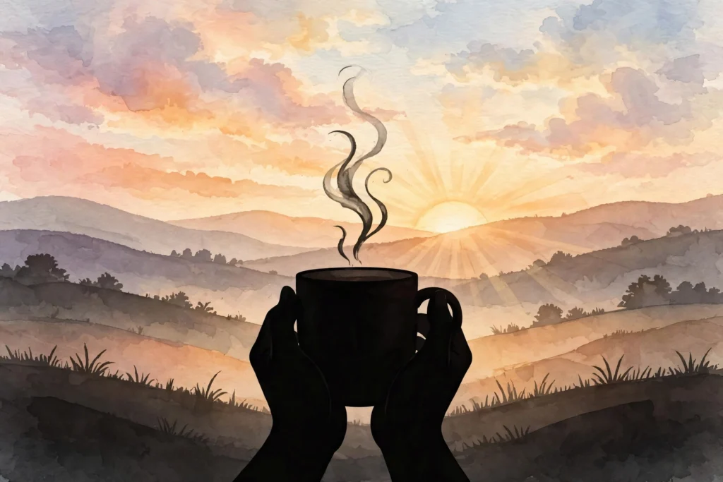 Gratitude quotes for quiet mornings: hands holding a warm mug, silhouetted against a soft sunrise over rolling hills