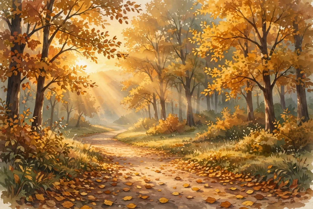 Morning sunlight streaming through the trees of a golden autumn park, with fallen leaves along the path