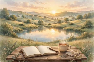 Sunrise over a calm landscape with an open gratitude journal and a warm cup of tea on a wooden table in soft golden light