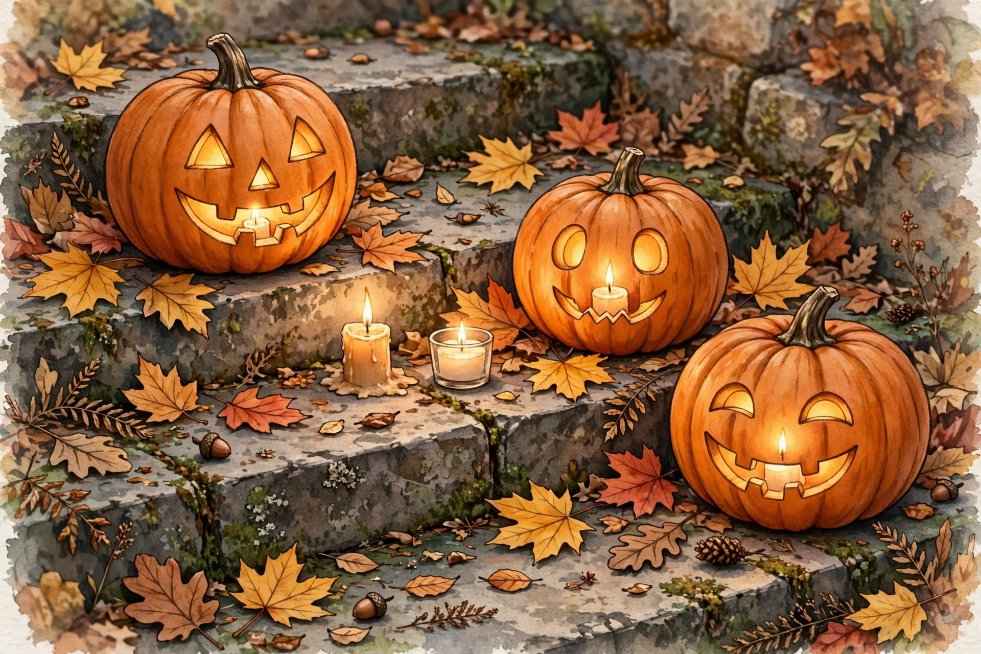 Carved pumpkins and glowing candles arranged on stone steps with autumn leaves scattered around them