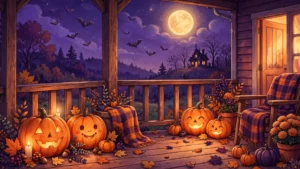 Glowing jack-o'-lanterns on a cozy porch under a full moon on Halloween night