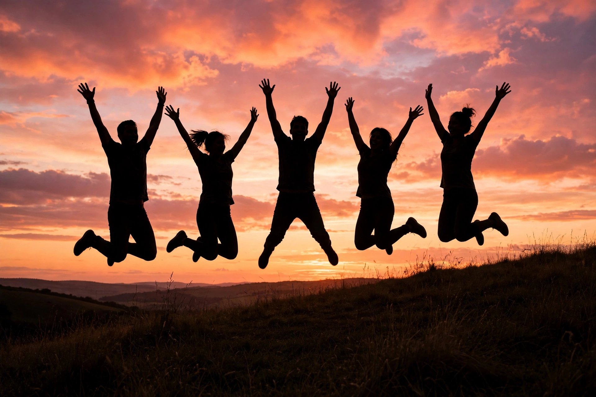 Friends jumping with raised arms in silhouette on a hilltop at sunset