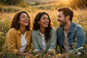 Joyful friends laughing together in a sunlit meadow at golden hour