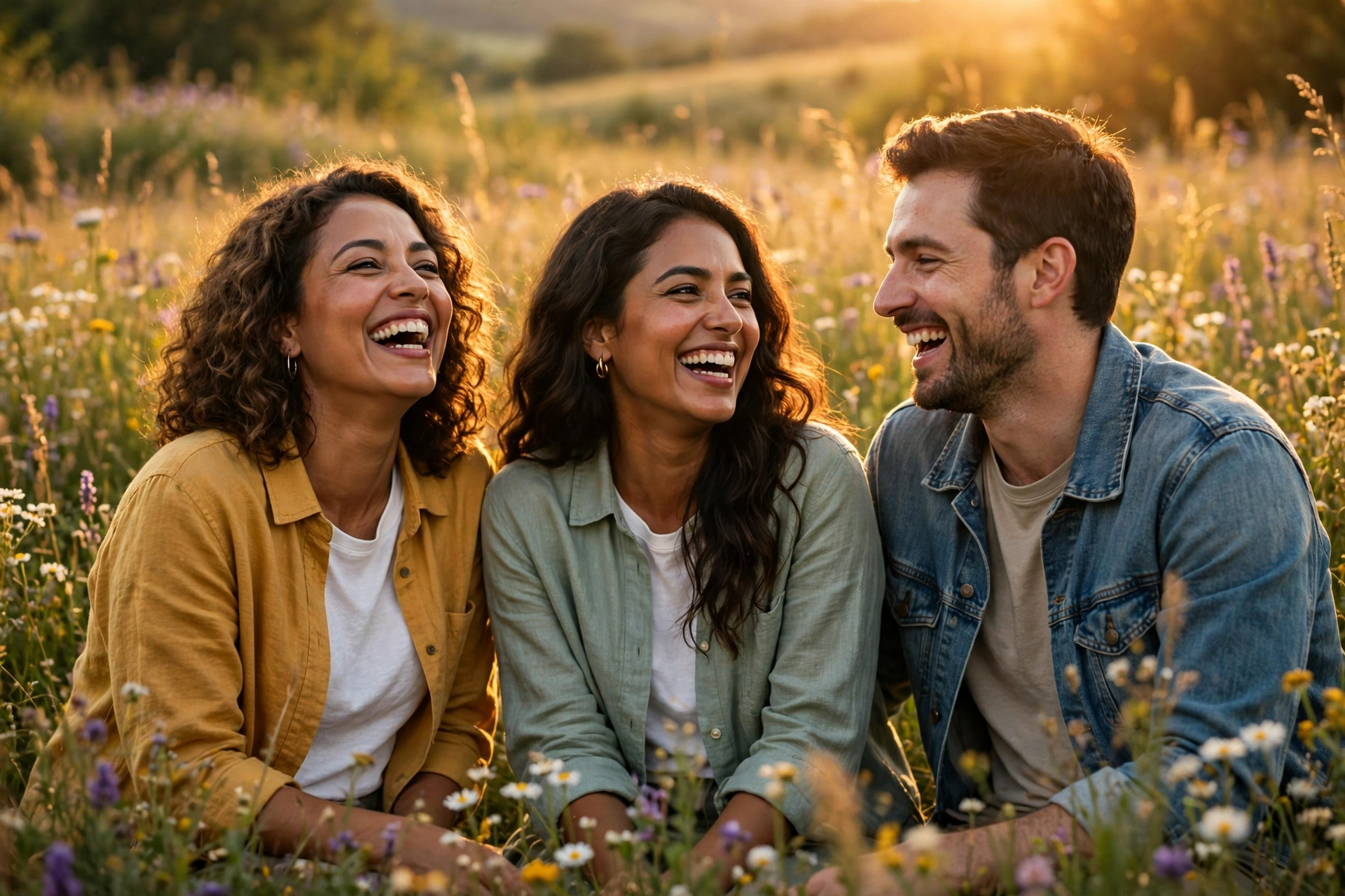 Joyful friends laughing together in a sunlit meadow at golden hour