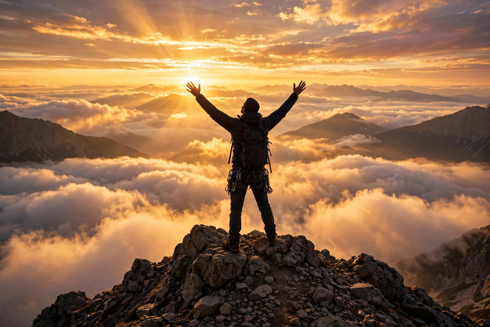 A climber standing on a mountain summit at sunrise with arms raised in triumph