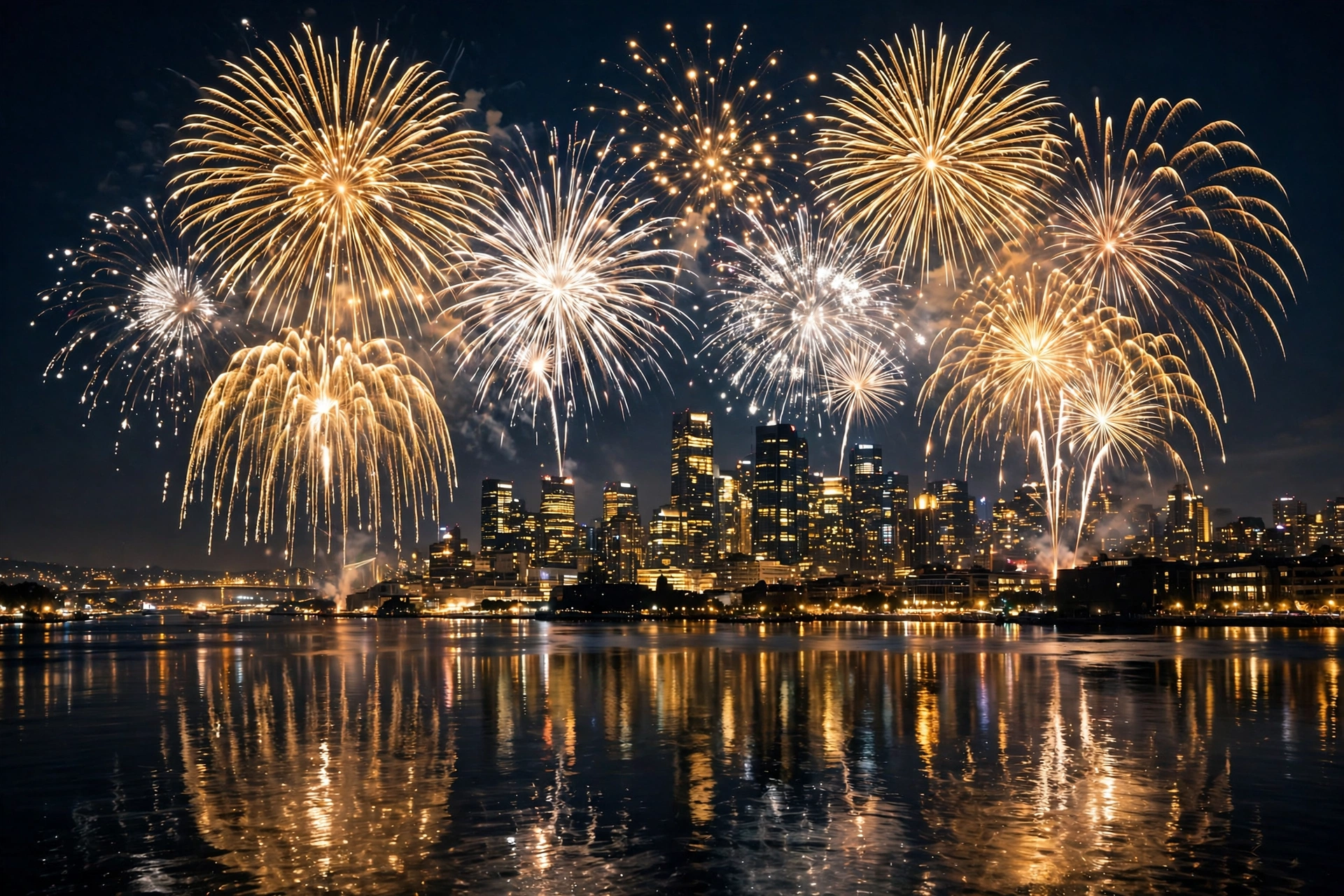 New year quotes for a midnight celebration: gold and white fireworks bursting over a city skyline at midnight