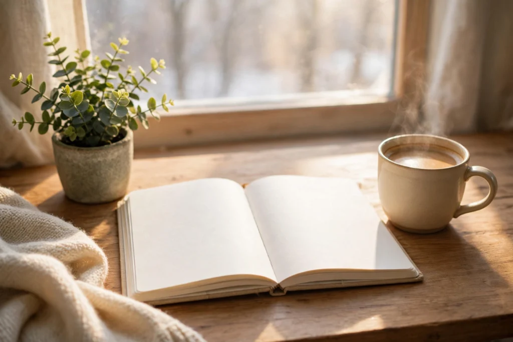 A cosy desk with a blank notebook, coffee and a small plant in soft January morning light