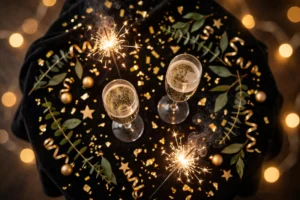 A festive New Year celebration with gold confetti, sparklers and champagne glasses in warm golden light