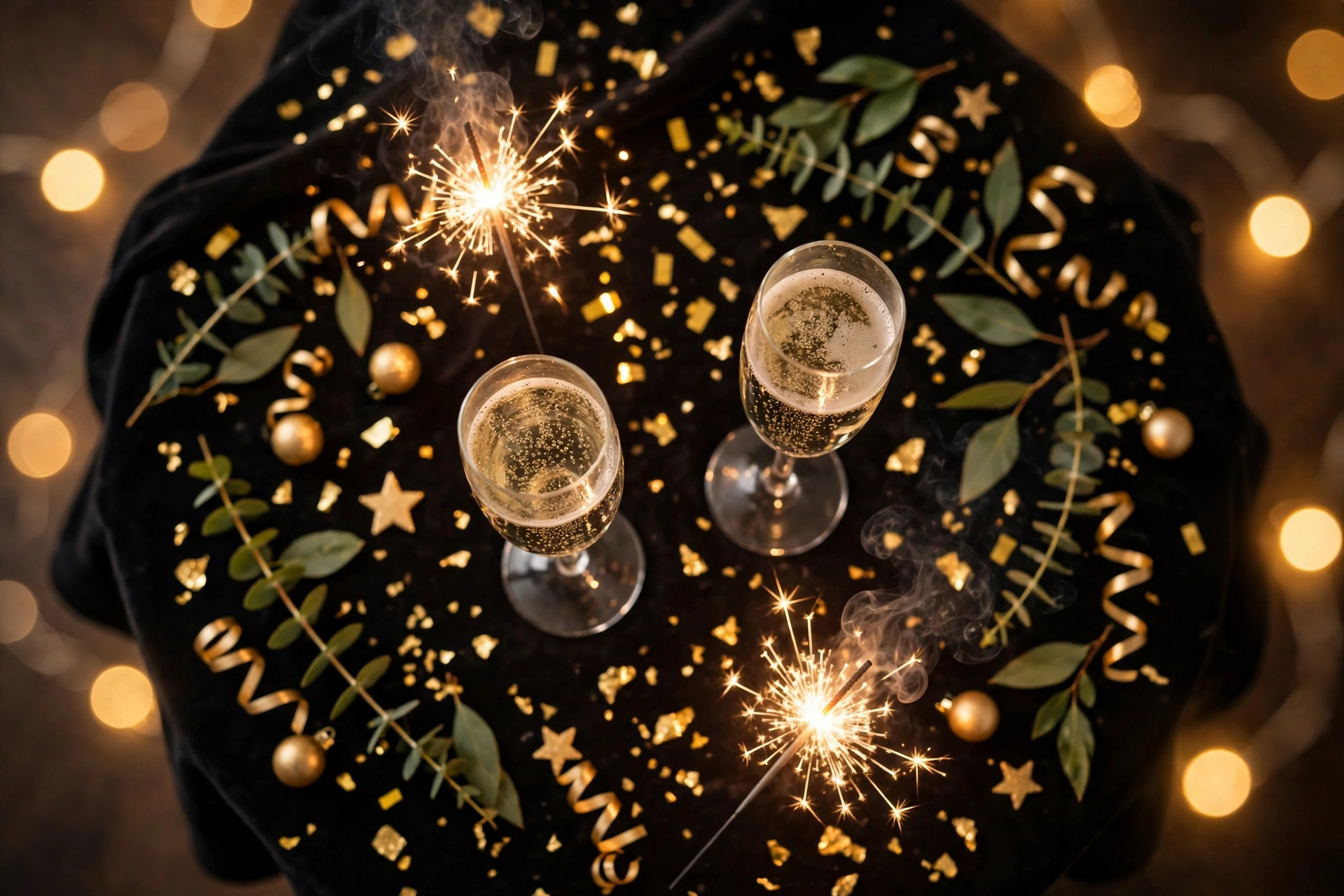 A festive New Year celebration with gold confetti, sparklers and champagne glasses in warm golden light