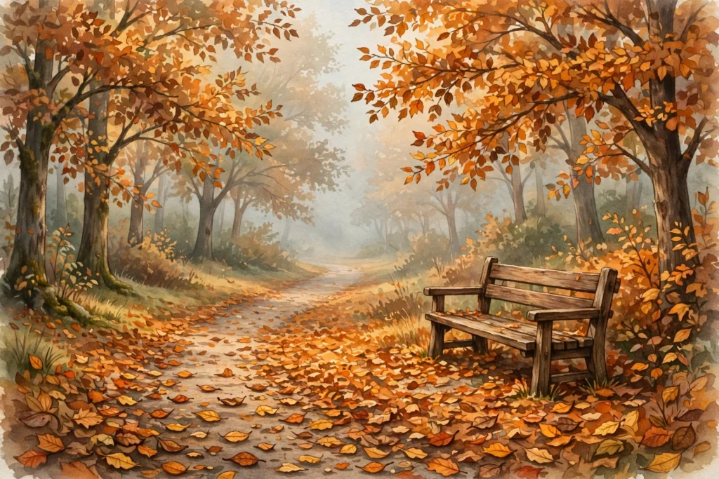 November quotes brought to life: a quiet park path covered in orange autumn leaves, with a wooden bench beside it in soft fog