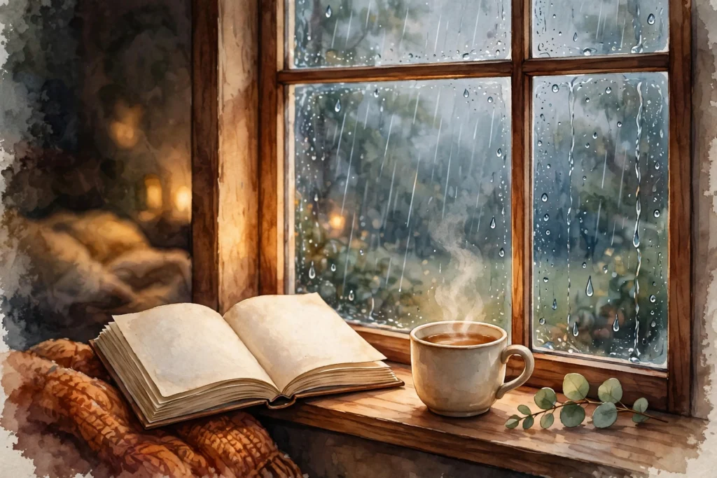Rain on a windowpane outside, with warm golden light, an open book and a cup of tea on the sill inside