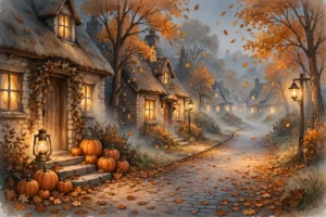Golden autumn leaves falling over a quiet November street with warm lamplight glowing from cottage windows and pumpkins on a cottage doorstep