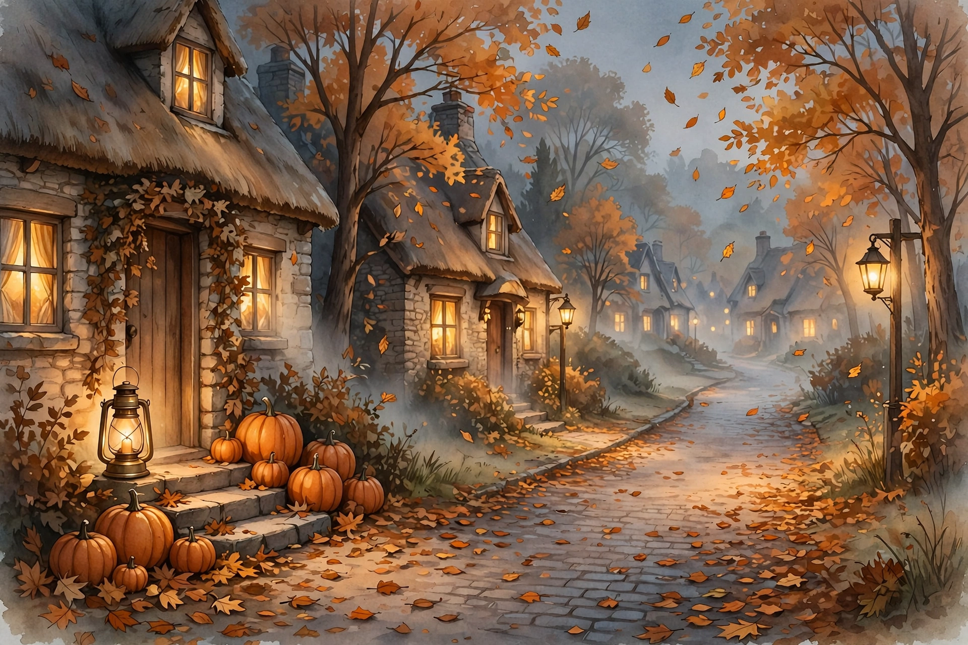 Golden autumn leaves falling over a quiet November street with warm lamplight glowing from cottage windows and pumpkins on a cottage doorstep