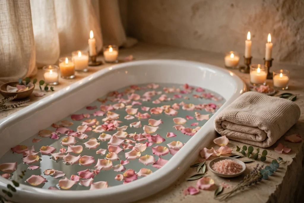 Self love quotes for a relaxing bath: A relaxing bath with candles and flower petals in soft warm light