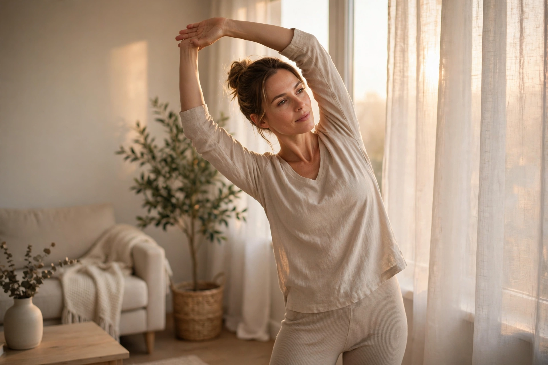 A woman doing a gentle morning stretch at home in soft sunrise light