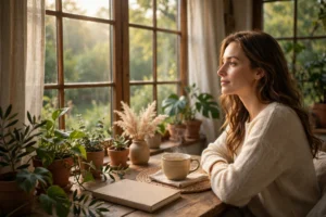 A peaceful woman enjoying a quiet morning by a window with tea and a journal in soft golden light