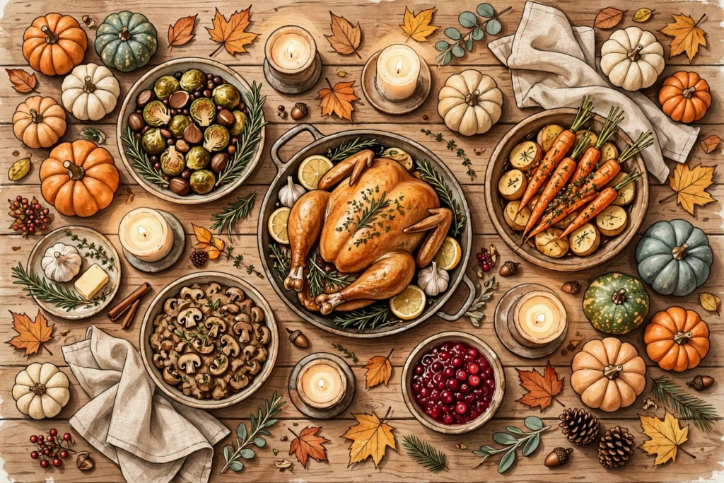 Thanksgiving quotes for a grateful table: an overhead view of a rustic Thanksgiving table filled with roasted dishes, pumpkins and lit candles