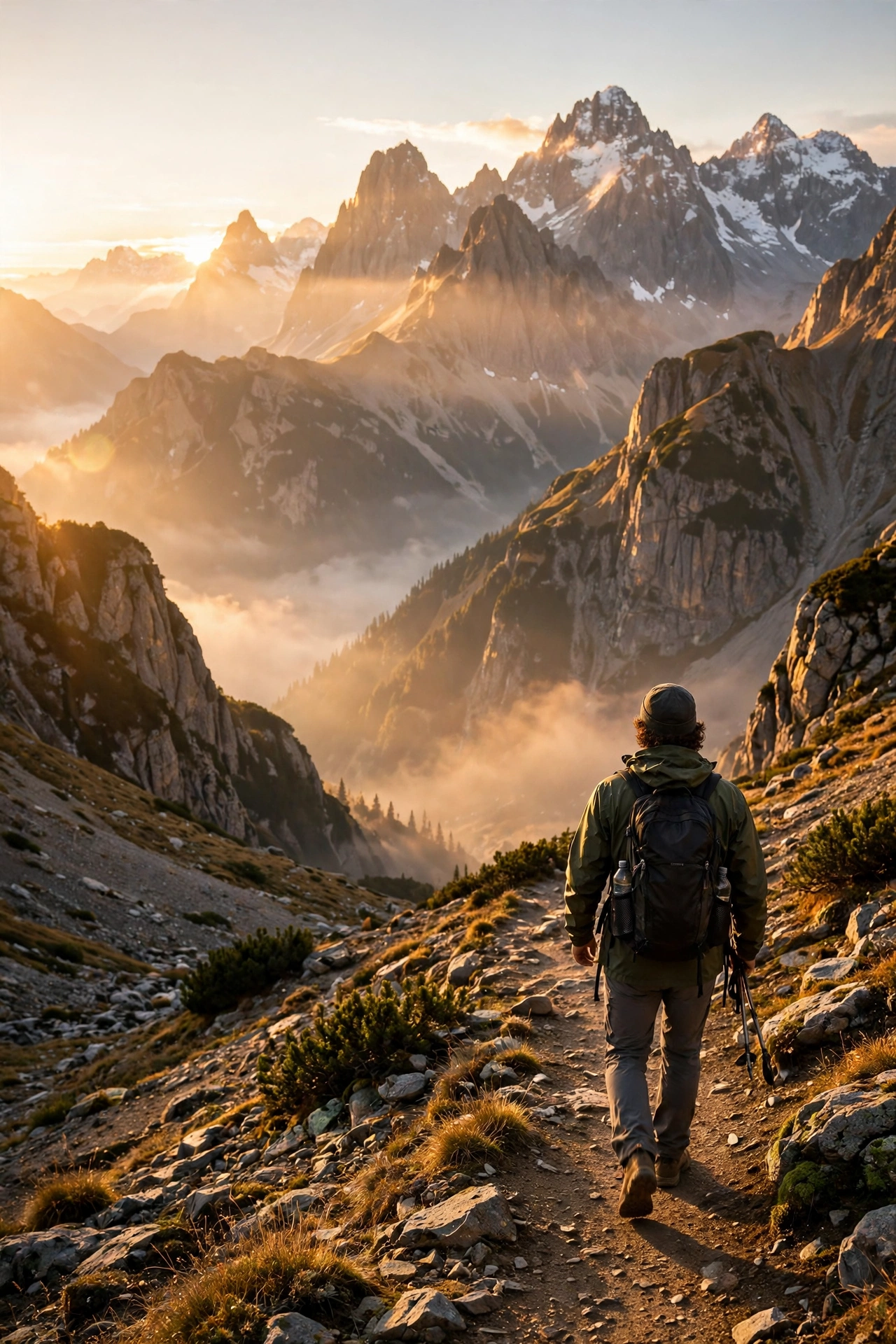 Hiker on a mountain trail with dramatic peaks at sunrise — mountain quotes