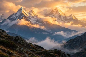 Snowy mountain peaks glowing at sunrise — mountain quotes about climbing and adventure