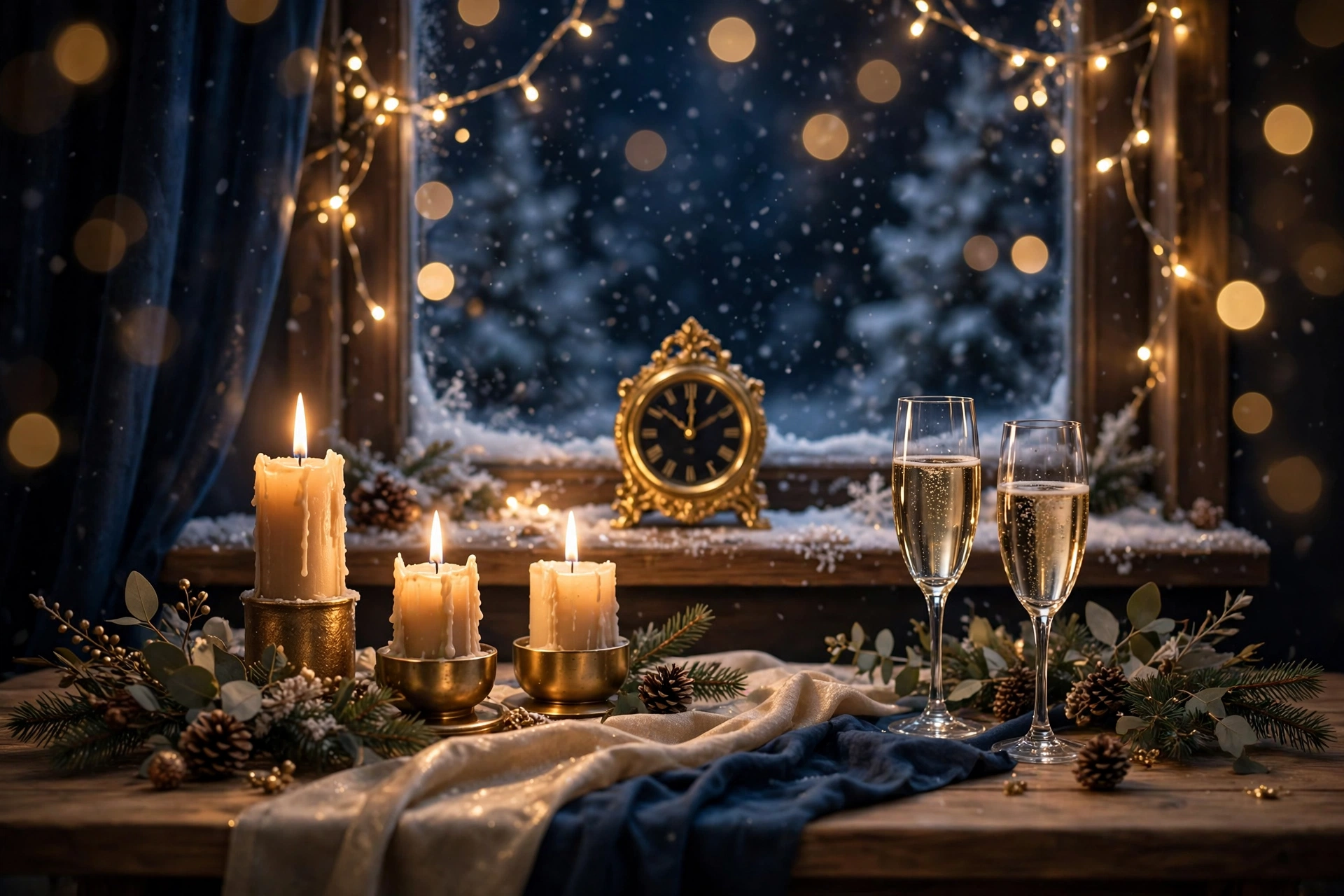 Champagne glasses and candles beside a clock striking midnight on New Year's Eve — new year quotes 2027