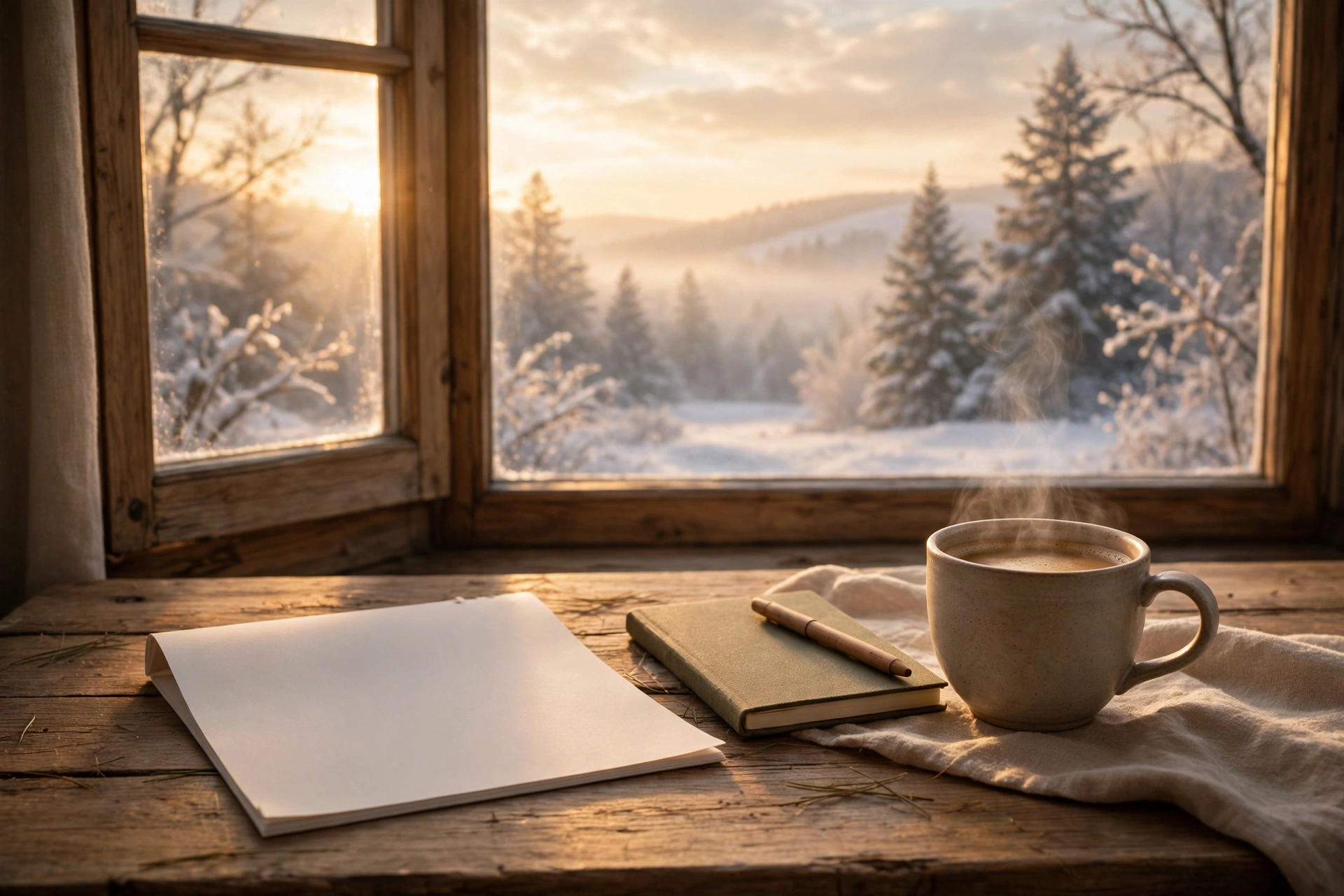 Sunrise on New Year's morning with a fresh calendar page, coffee and notebook — new year quotes 2027