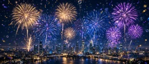 New Year 2027 celebration with fireworks over a city skyline at midnight