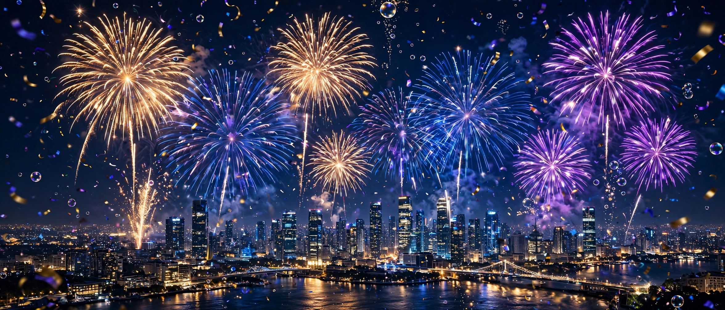 New Year 2027 celebration with fireworks over a city skyline at midnight
