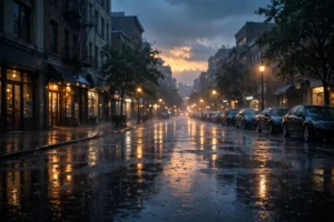Rain quotes over a rainy city street at dusk