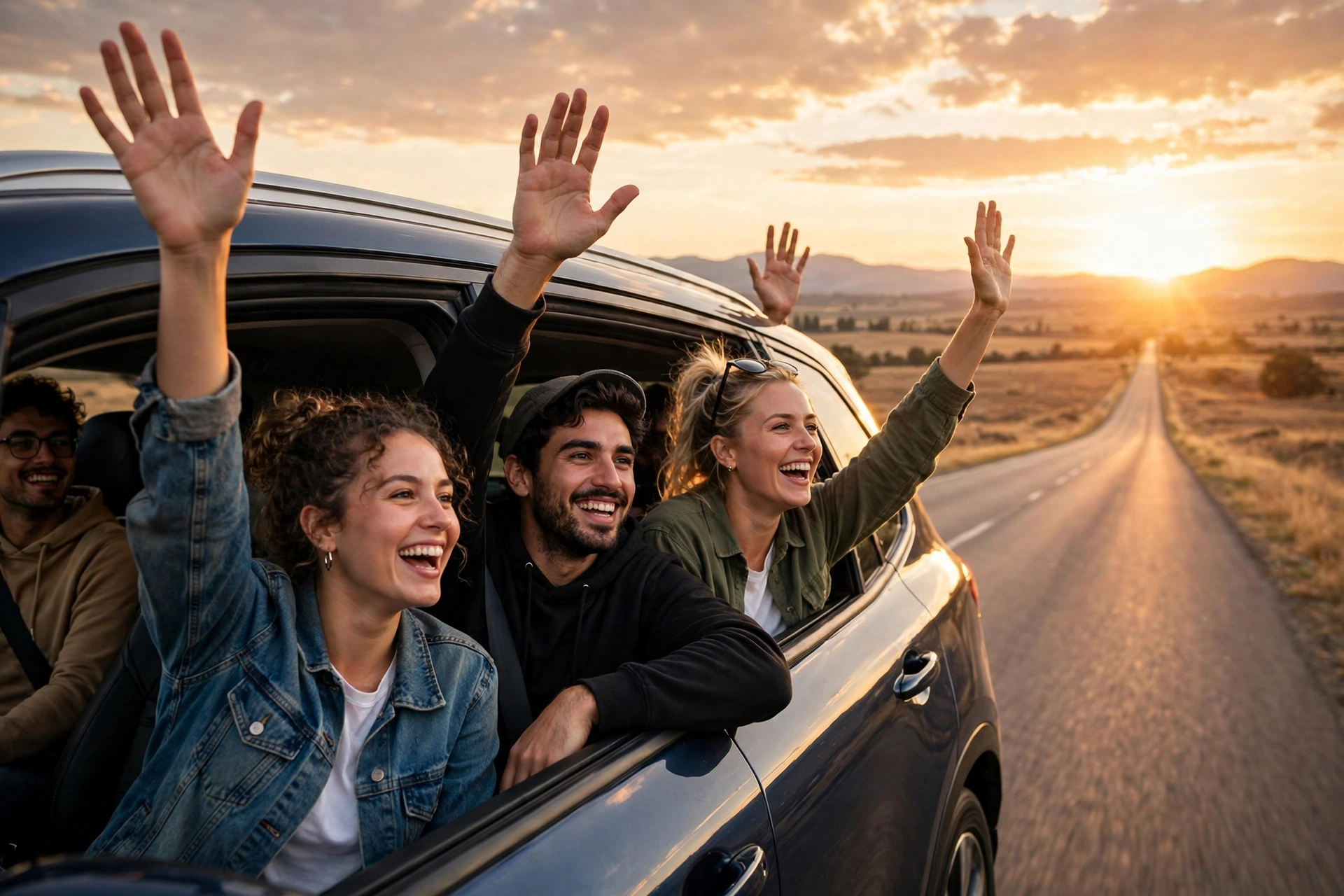 Friends enjoying a road trip at sunset — road trip captions