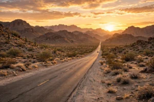 Road trip quotes with an open highway at sunset