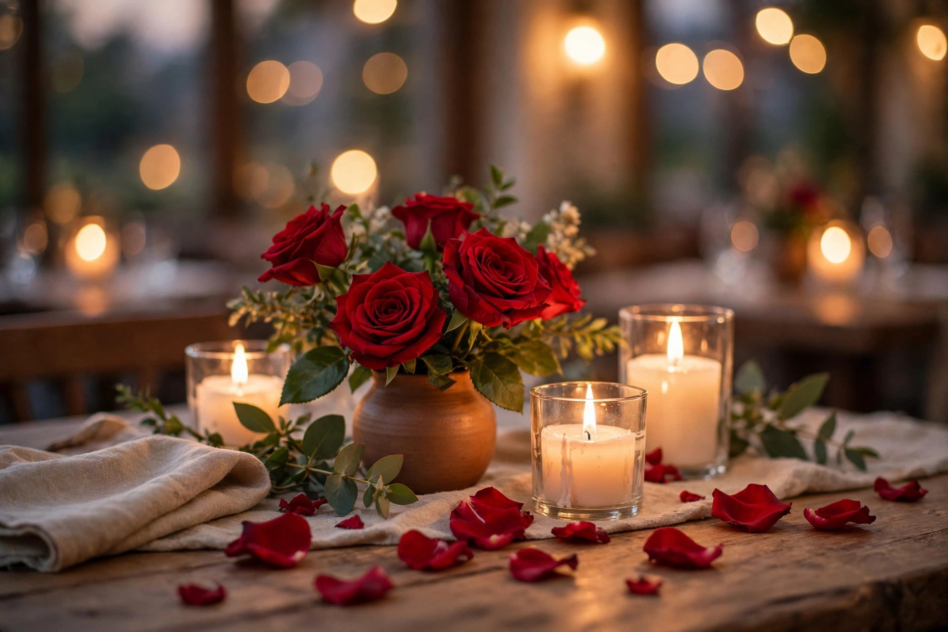 Romantic candles and red roses with soft warm light — romantic love quotes