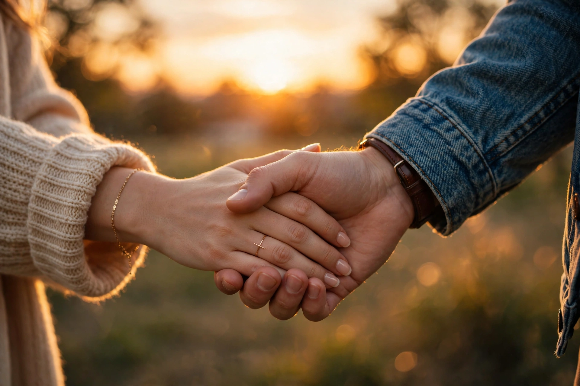 Romantic couple holding hands at sunset with warm golden sky — romantic love quotes