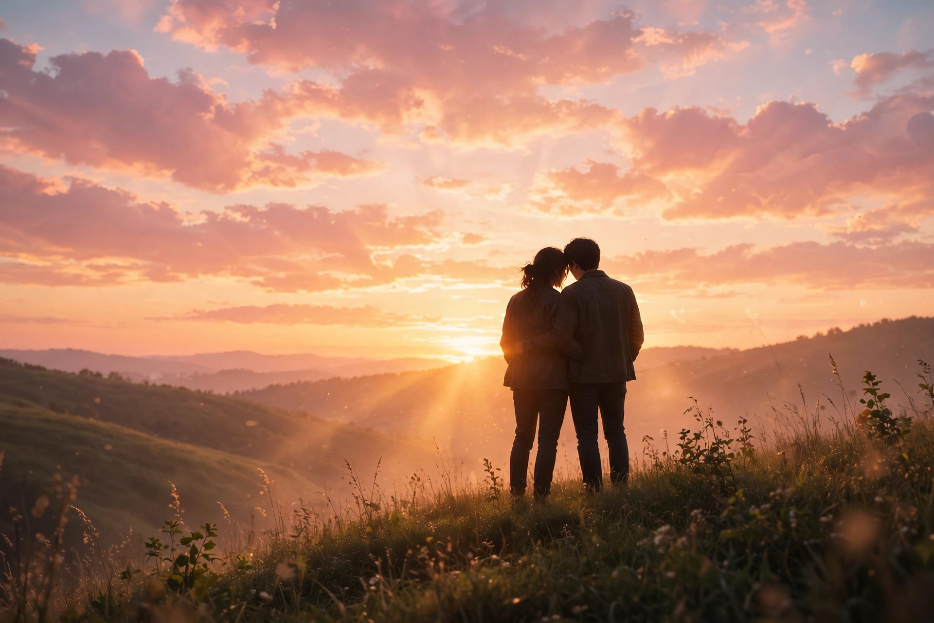 Romantic couple at sunset in a field — romantic love quotes for her and him